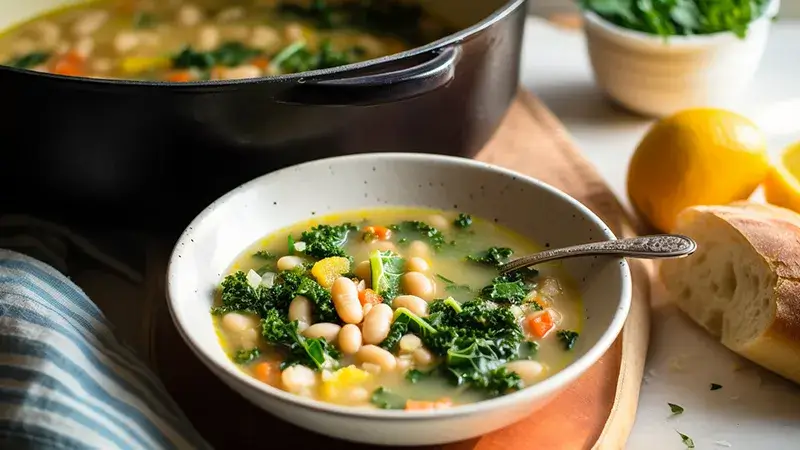 A bowl of Navy Bean Soup with kale and lemon on a wooden cutting board.